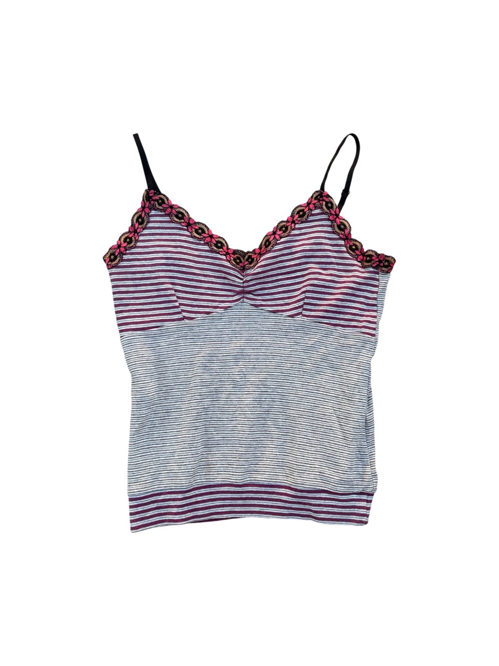 Y2K Cotton Striped Cami Top Embroidered Trim